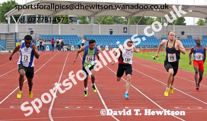 No. 12 Ransford Anthony (Doncaster AC) wins from No. 79 Luke Giblin (Kingston upon Hull), No.  169 Ben Shields (City of Sheffield) 3rd and  No. 156 Imran Rahman (City of Sheffield) 4th in the senior mens 100 metres. Northern Senior and Under-20 Champs., Sport City, Manchester. Photo: David T. Hewitson/Sports for All Pics